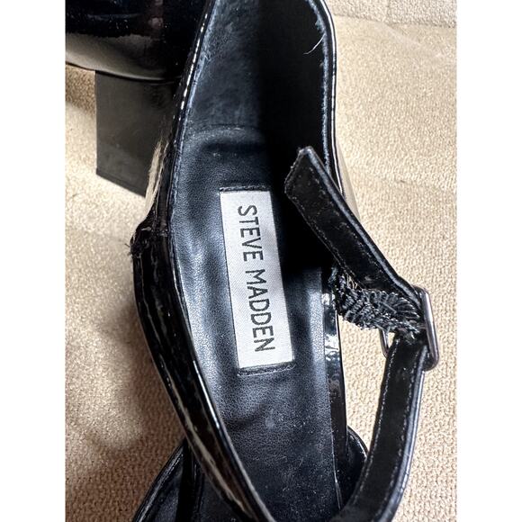 Steve Madden Black Faux Patent Leather Block Heel Mary Jane Shoes 3.25" Heel 8M - Picture 9 of 14